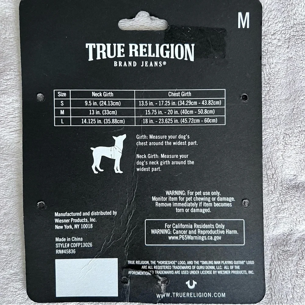 New! True Religion pet harness size medium